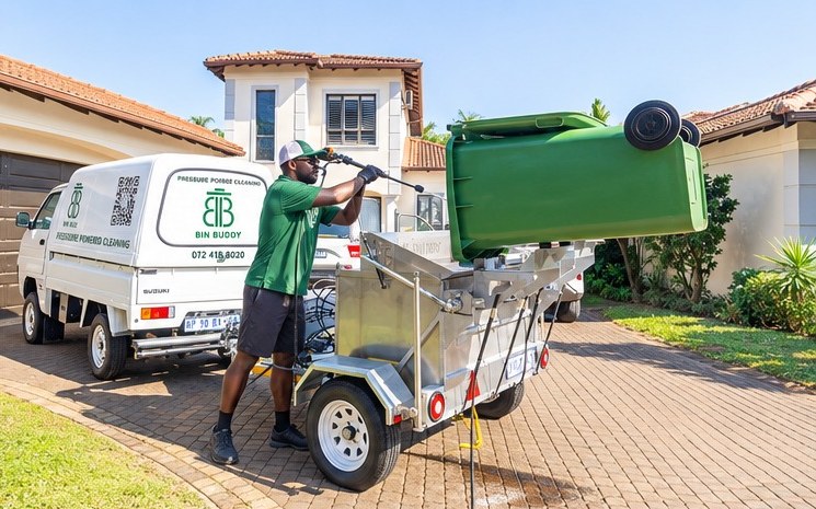 Bin Buddy mobile cleaning trailer and branded bakkie at a home