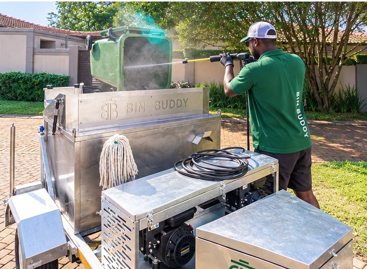 Bin Buddy technician pressure cleaning a green wheelie bin